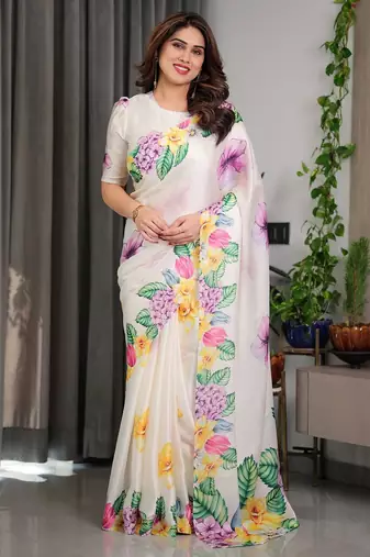 Women's pre-draped satin silk blend saree with unstitched blouse