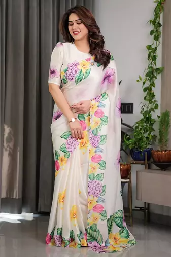 Women's pre-draped satin silk blend saree with unstitched blouse