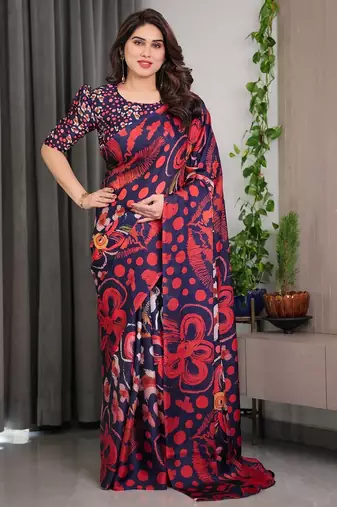 Luxury readymade satin silk blend saree with unstitched blouse
