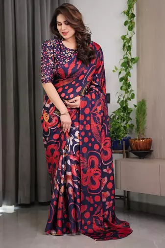 Luxury readymade satin silk blend saree with unstitched blouse
