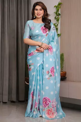 Women's readymade designer satin silk blend saree with blouse piece