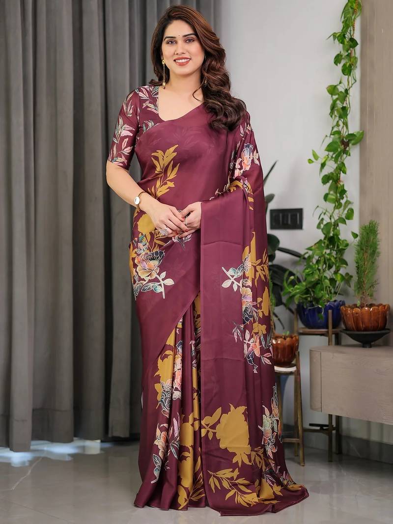 Ready-to-drape satin silk blend saree with unstitched blouse