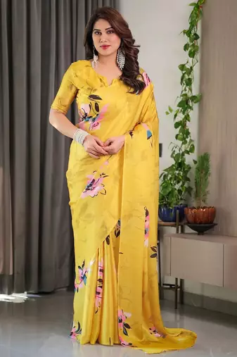 Wedding readymade satin silk blend saree with unstitched blouse