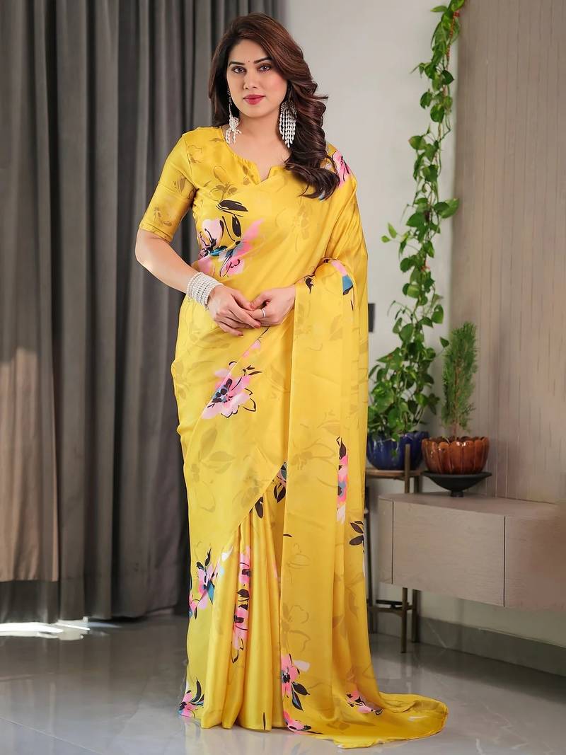 Wedding readymade satin silk blend saree with unstitched blouse