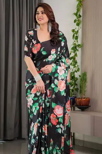 Designer pre-stitched satin silk blend saree with blouse piece
