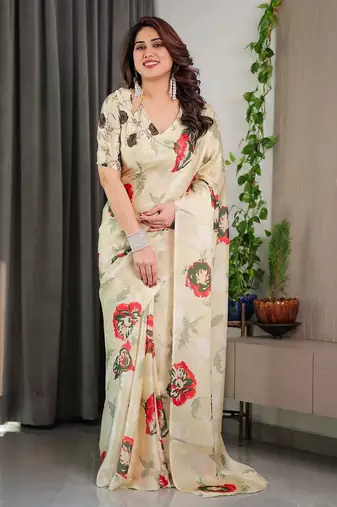 Women's ready wear satin silk blend saree with unstitched blouse