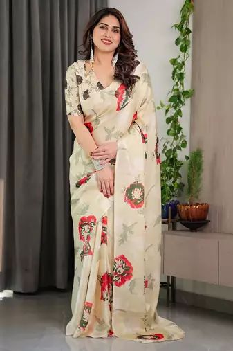 Women's ready wear satin silk blend saree with unstitched blouse