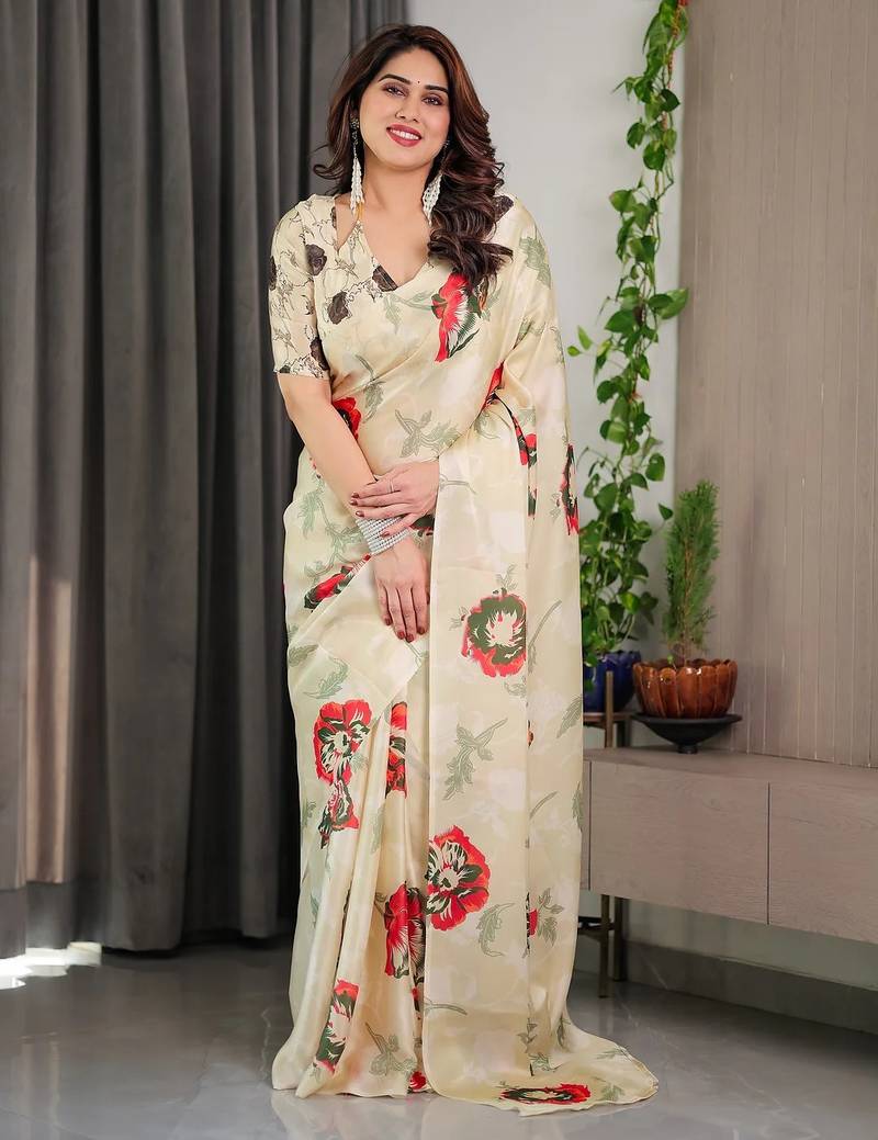 Women's ready wear satin silk blend saree with unstitched blouse