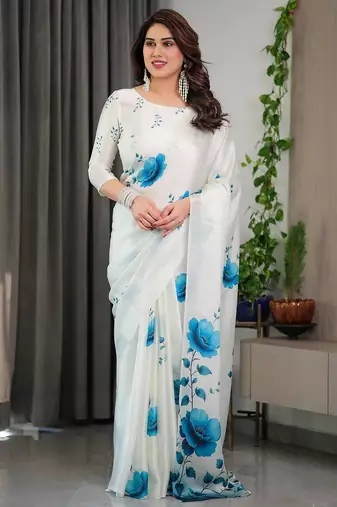Modern readymade satin silk blend saree with matching blouse