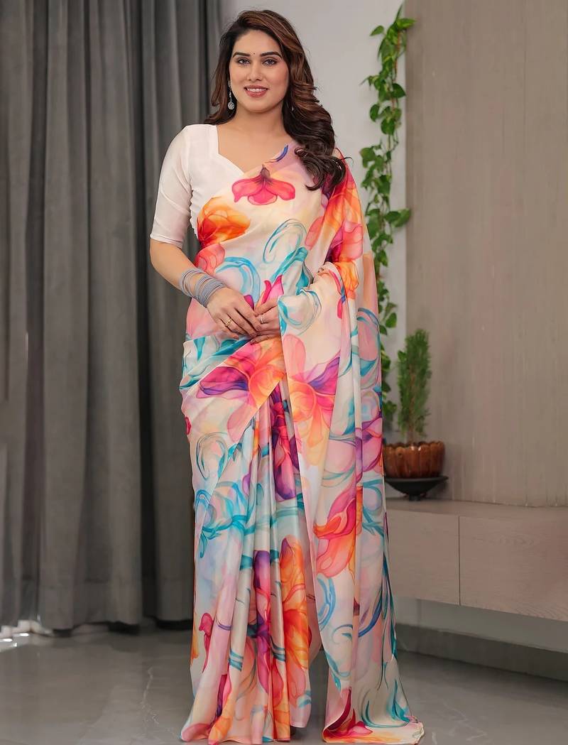 Instant drape satin silk blend saree with satin blouse piece