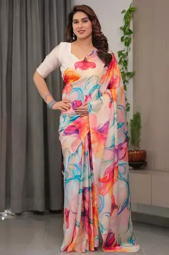 Instant drape satin silk blend saree with satin blouse piece