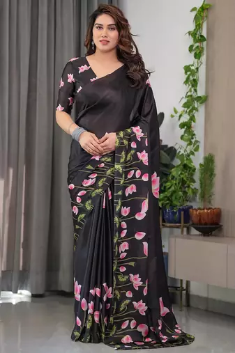 Readymade satin silk blend saree with plain unstitched blouse