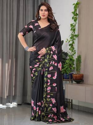 Readymade satin silk blend saree with plain unstitched blouse 2