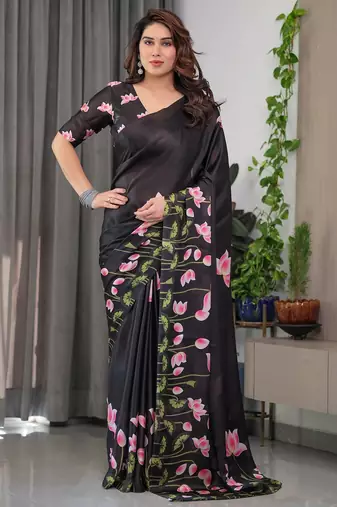 Readymade satin silk blend saree with plain unstitched blouse