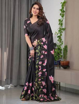 Readymade satin silk blend saree with plain unstitched blouse 3