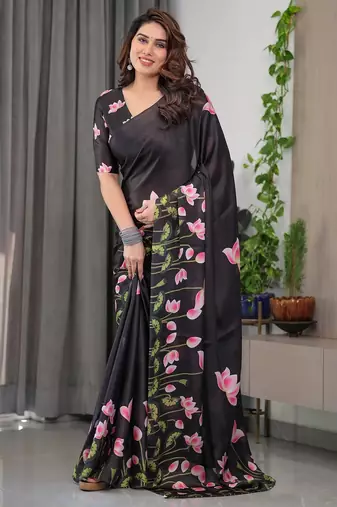 Readymade satin silk blend saree with plain unstitched blouse