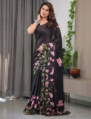 Readymade satin silk blend saree with plain unstitched blouse 4