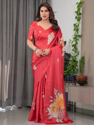 Stylish readymade satin silk blend saree with blouse piece 1