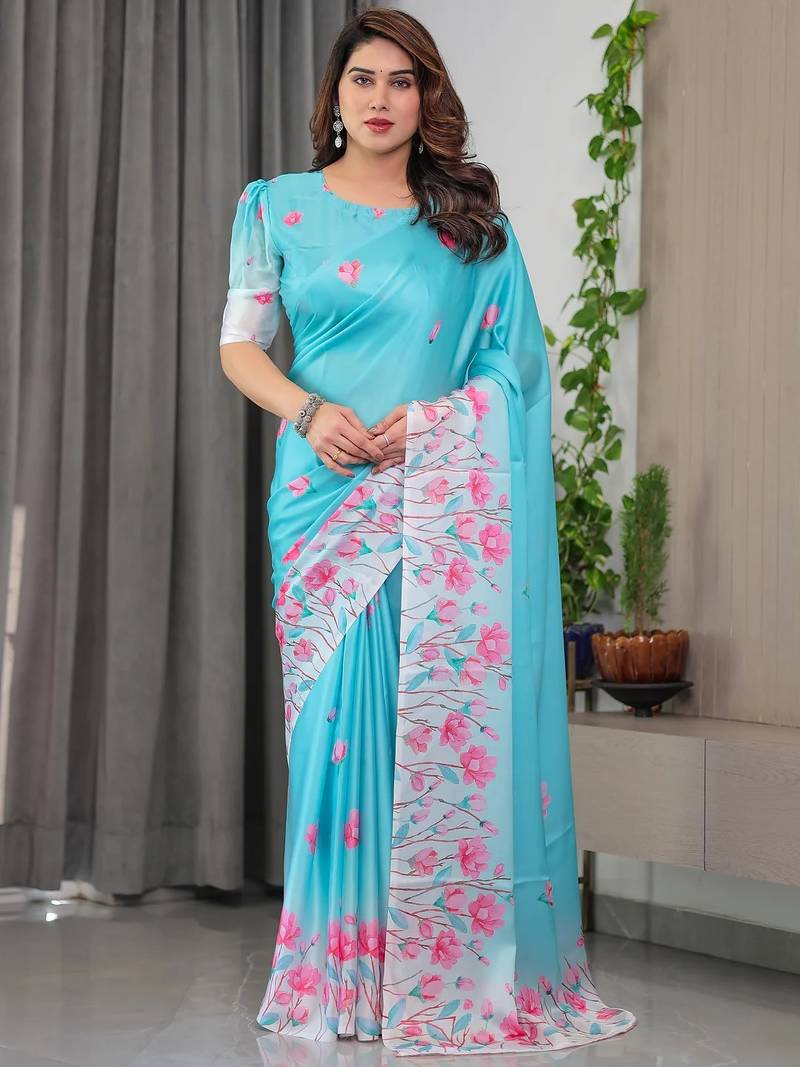 Soft satin silk blend readymade saree with unstitched blouse