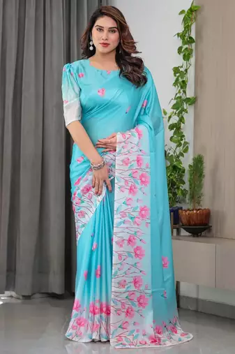 Soft satin silk blend readymade saree with unstitched blouse