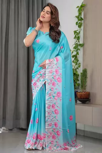 Soft satin silk blend readymade saree with unstitched blouse