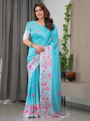 Soft satin silk blend readymade saree with unstitched blouse 4