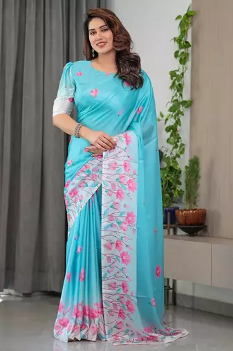 Soft satin silk blend readymade saree with unstitched blouse