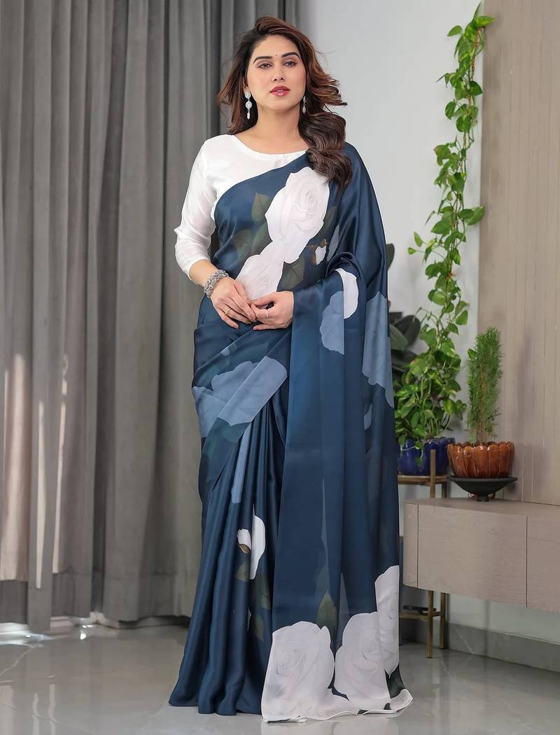 Readymade satin silk blend saree for women with blouse