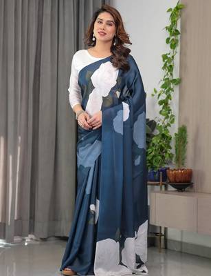 Readymade satin silk blend saree for women with blouse 4