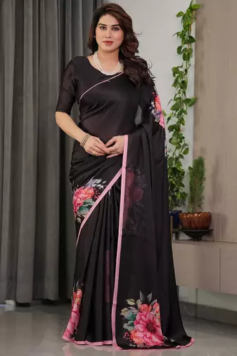 Women's ready pleated satin silk blend saree with blouse