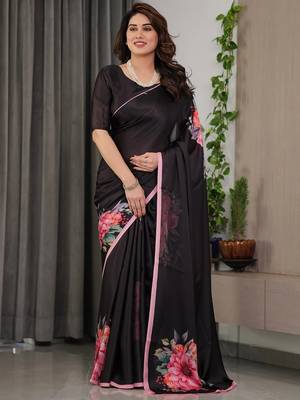 Women's ready pleated satin silk blend saree with blouse 2