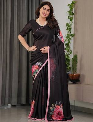 Women's ready pleated satin silk blend saree with blouse 3