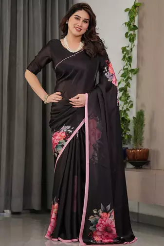 Women's ready pleated satin silk blend saree with blouse