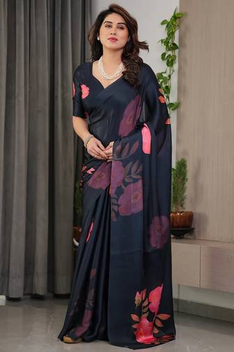 Women's luxury readymade satin silk blend saree with blouse