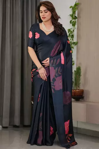 Women's luxury readymade satin silk blend saree with blouse