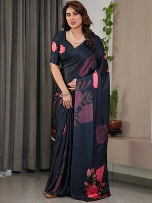 Women's luxury readymade satin silk blend saree with blouse 3