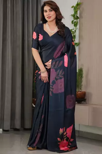 Women's luxury readymade satin silk blend saree with blouse