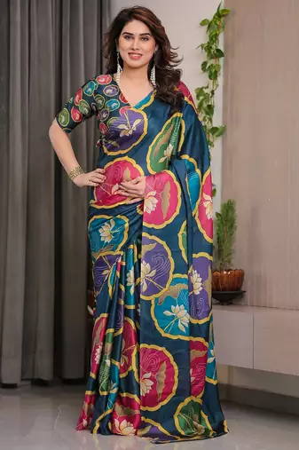 Readymade ethnic satin silk blend saree with blouse piece
