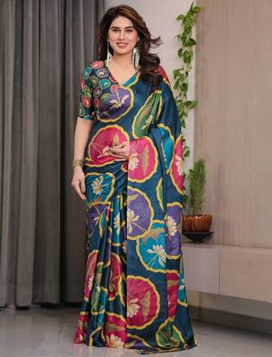 Readymade ethnic satin silk blend saree with blouse piece 3