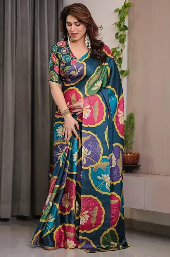Readymade ethnic satin silk blend saree with blouse piece