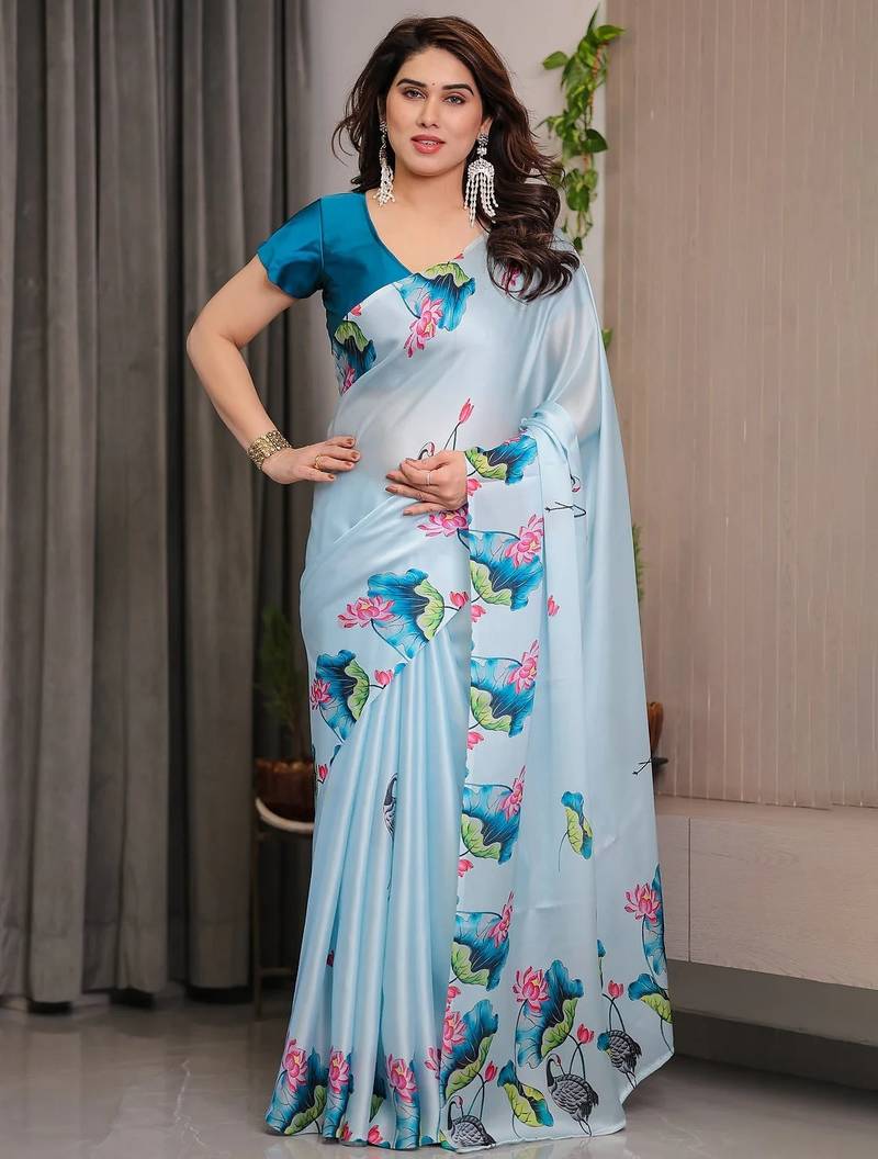 Premium ready wear satin silk blend saree with unstitched blouse