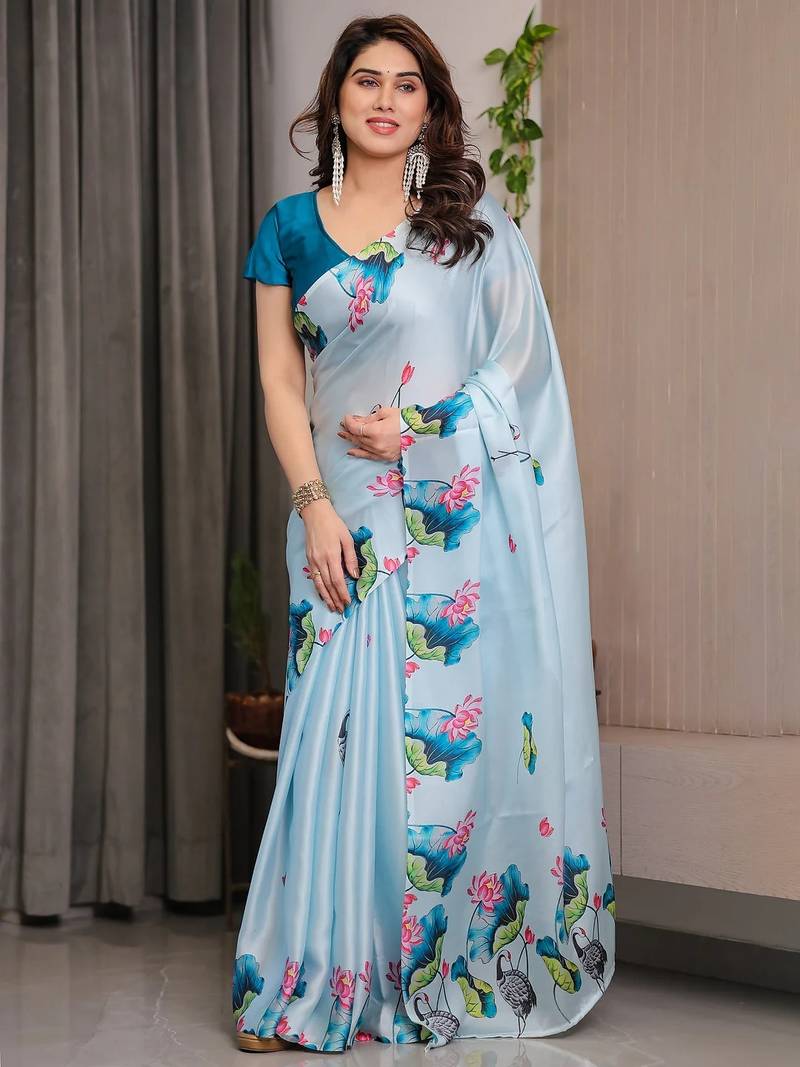Premium ready wear satin silk blend saree with unstitched blouse