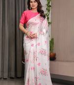 Festive pre-stitched satin silk blend saree with blouse piece
