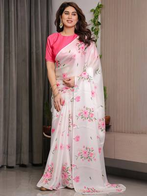 Festive pre-stitched satin silk blend saree with blouse piece 4