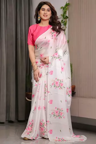 Festive pre-stitched satin silk blend saree with blouse piece