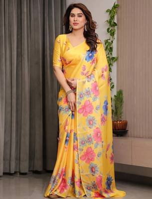 Stylish readymade satin silk blend saree with satin blouse 3