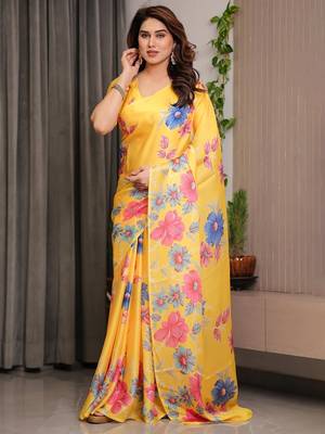 Stylish readymade satin silk blend saree with satin blouse 4