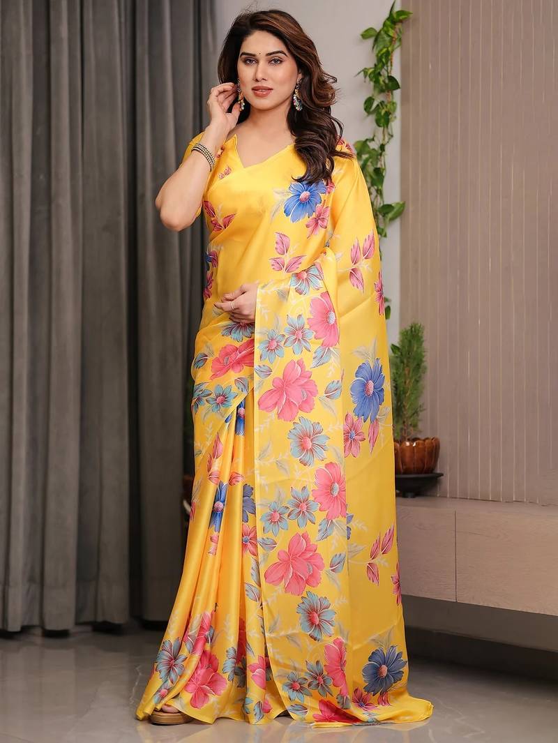 Stylish readymade satin silk blend saree with satin blouse