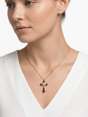 925 Sterling Silver Cross Rose Gold  Black  & White CZ Pendant Necklace Set  for Women 1