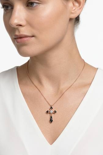 925 Sterling Silver Cross Rose Gold  Black  & White CZ Pendant Necklace Set  for Women